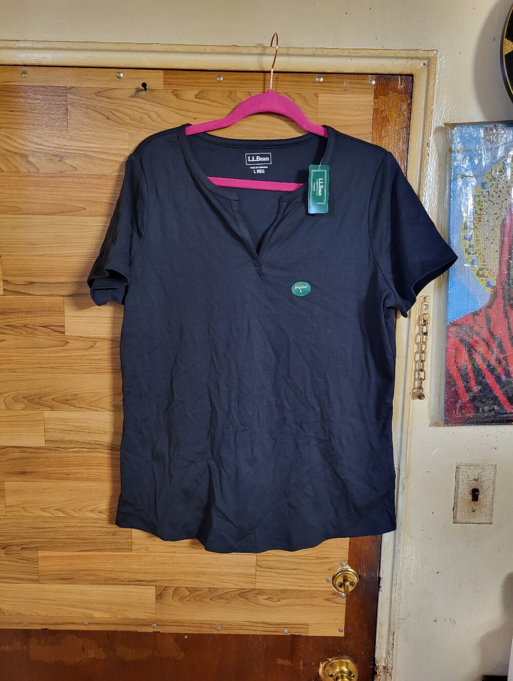 NWT LL Bean Womens Size LARGE BLACK Short Sleeve Split Neck T-Shirt 100% Cotton